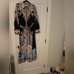 Turkish Elegant Black and Blue Paisley Dress